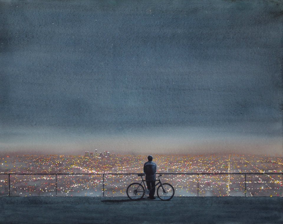 Велосипедист над ночным городом